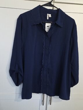 Cato Navy Blue Scalloped Button-Up Blouse